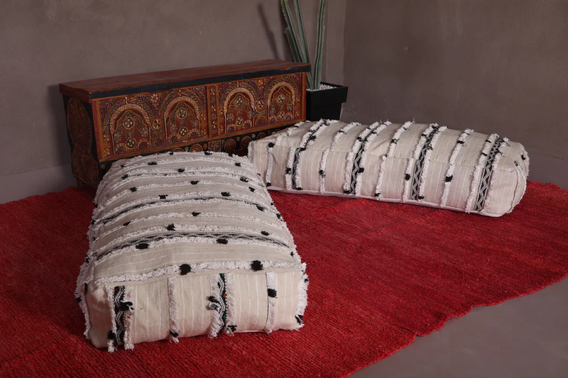 Moroccan Wedding Blanket Poufs - White & Black Boho Floor Cushions Set