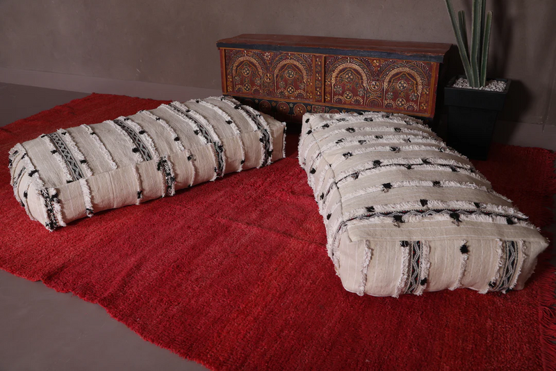 Moroccan Wedding Blanket Poufs - White & Black Boho Floor Cushions Set