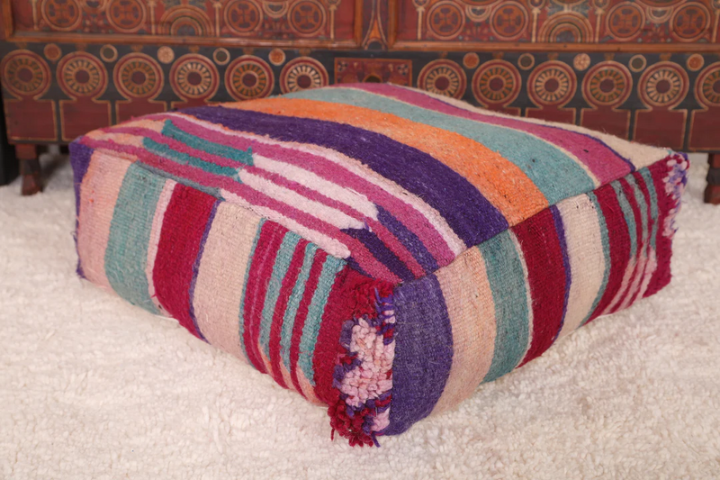 Berber Handmade Moroccan Colorful Rug Pouf – Vibrant Pouf for Boho Decor - kilim pouf