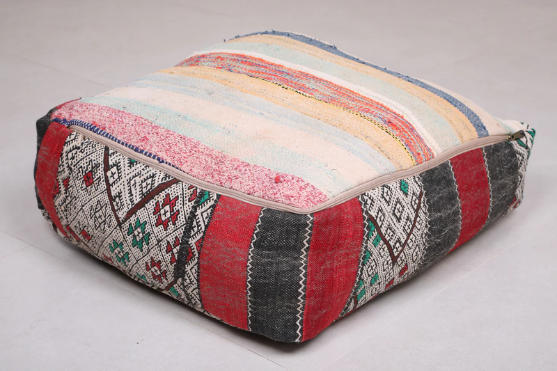 Moroccan Handwoven Berber Kilim Rug Pouf – Traditional Artisan Pouf for Home Decor