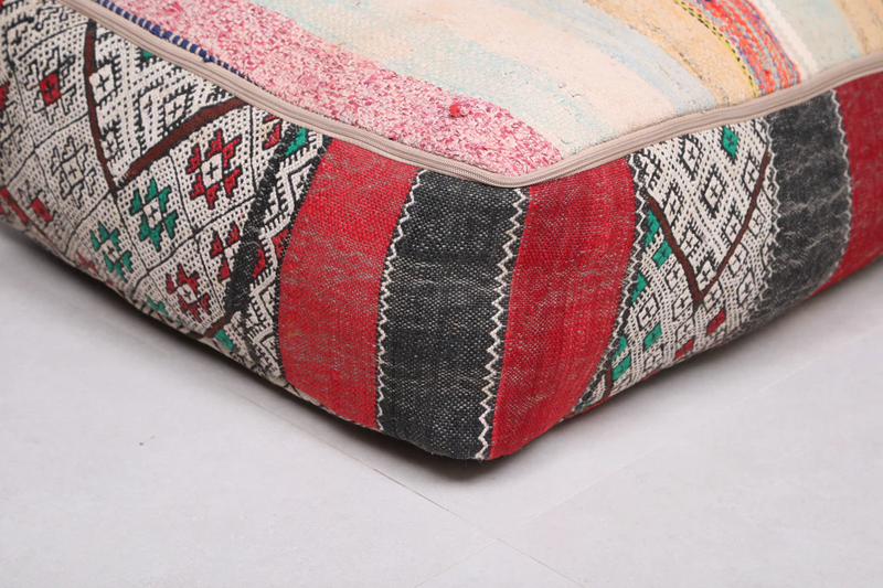 Moroccan Handwoven Berber Kilim Rug Pouf – Traditional Artisan Pouf for Home Decor