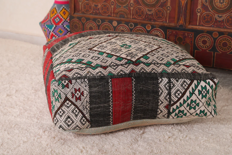 Moroccan Handwoven Berber Kilim Rug Pouf – Traditional Artisan Pouf for Home Decor