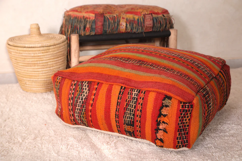 Red Handmade Moroccan Berber Rug Pouf – Unique Artisan Footstool