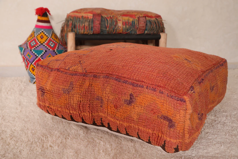 Moroccan Kilim Pouf - Burnt Orange Vintage Floor Cushion - kilim pouf