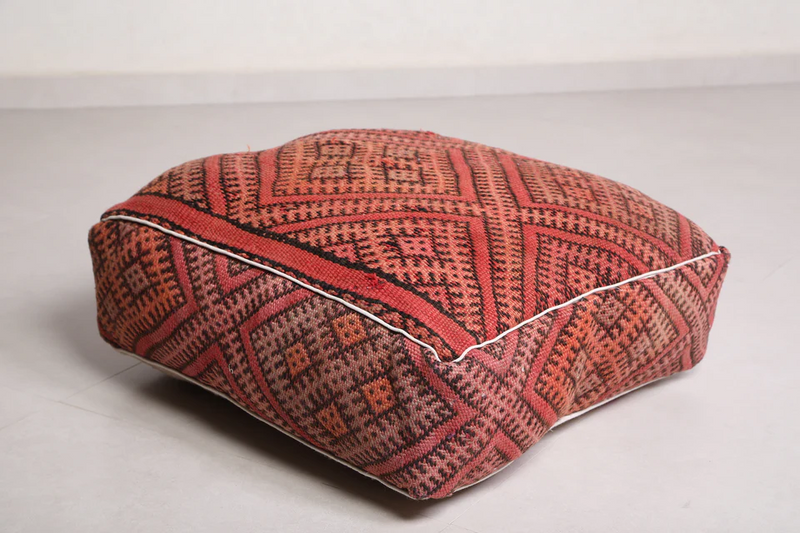 Berber Handwoven Moroccan Kilim Old Rug Pouf - Traditional Floor Cushion