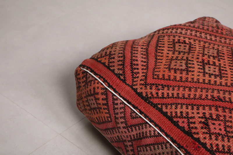 Berber Handwoven Moroccan Kilim Old Rug Pouf - Traditional Floor Cushion