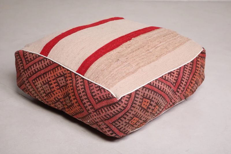 Berber Handwoven Moroccan Kilim Old Rug Pouf - Traditional Floor Cushion