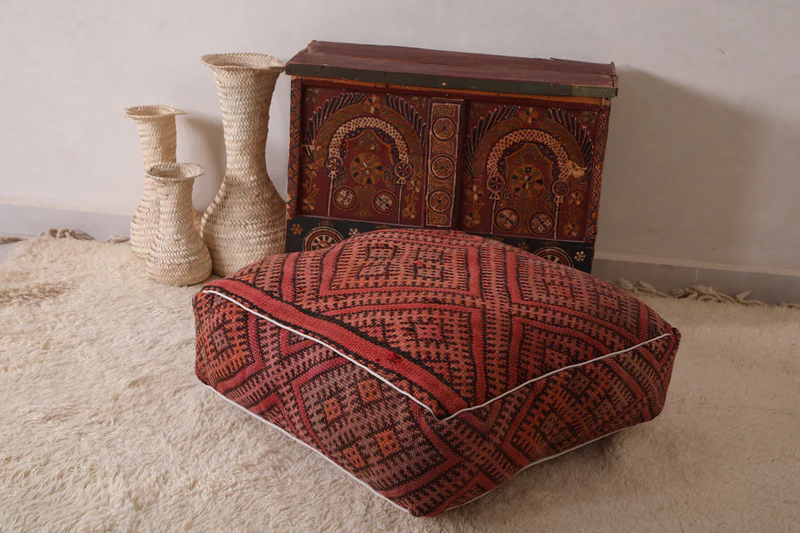 Berber Handwoven Moroccan Kilim Old Rug Pouf - Traditional Floor Cushion