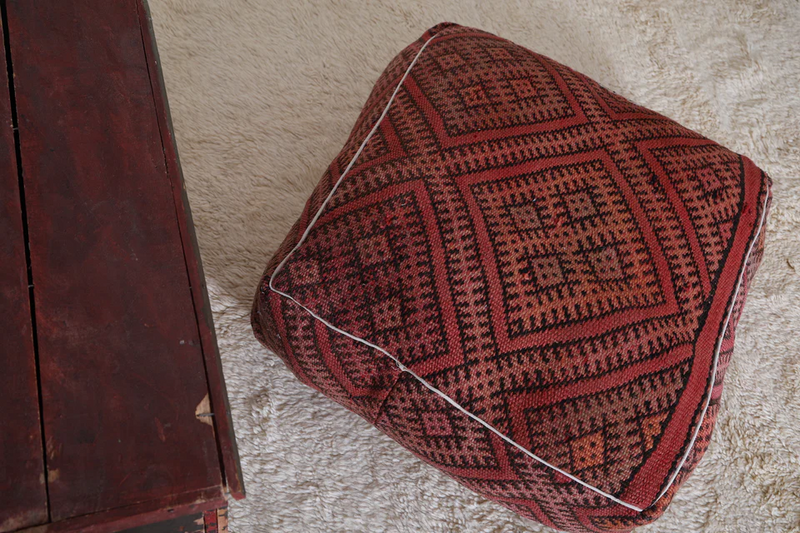 Berber Handwoven Moroccan Kilim Old Rug Pouf - Traditional Floor Cushion