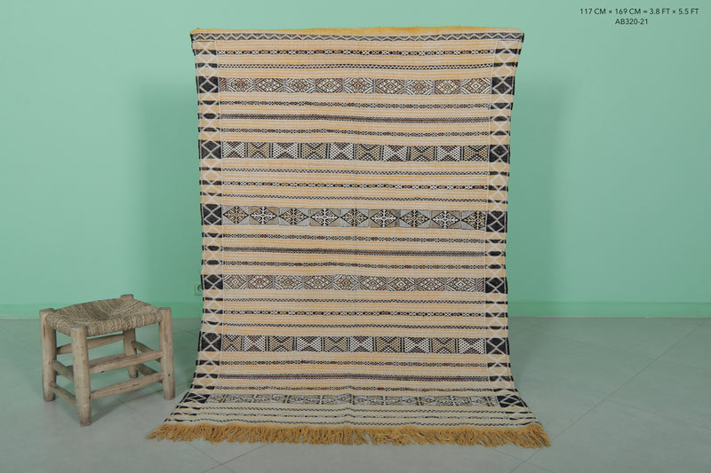 Handwoven Moroccan Rug - Yellow and Black Striped Design - 3.8x5.5 ft