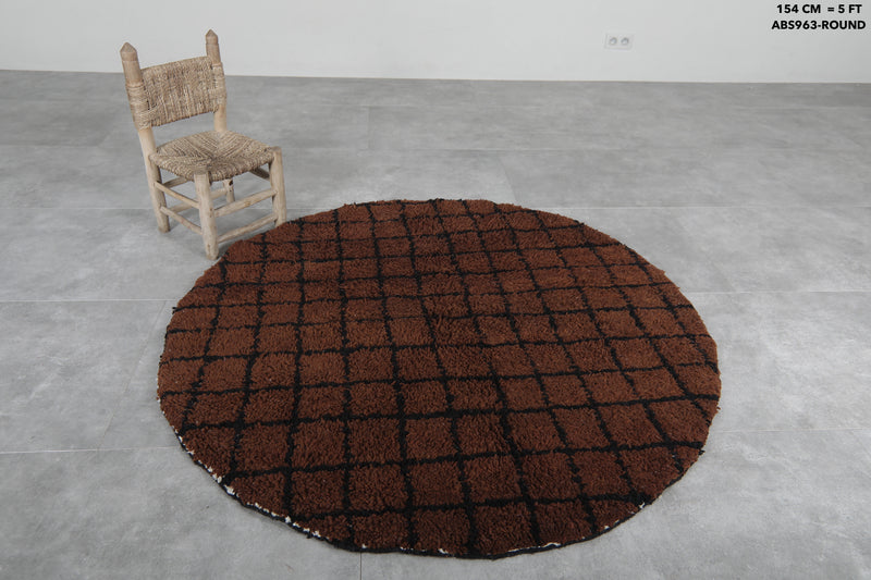 Round Moroccan Wool Rug - 5ft Brown & Black Grid Design