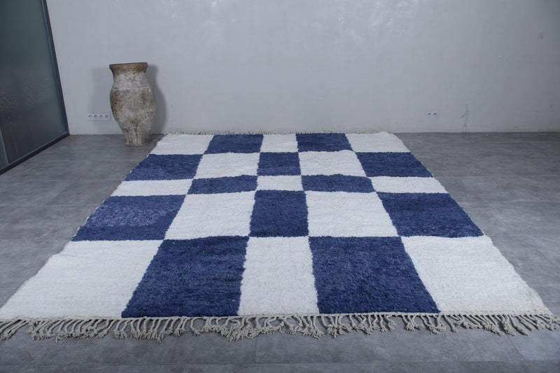 Moroccan Berber Rug - Handwoven 9.4 x 12.1 Feet | Blue and White Checkered Design