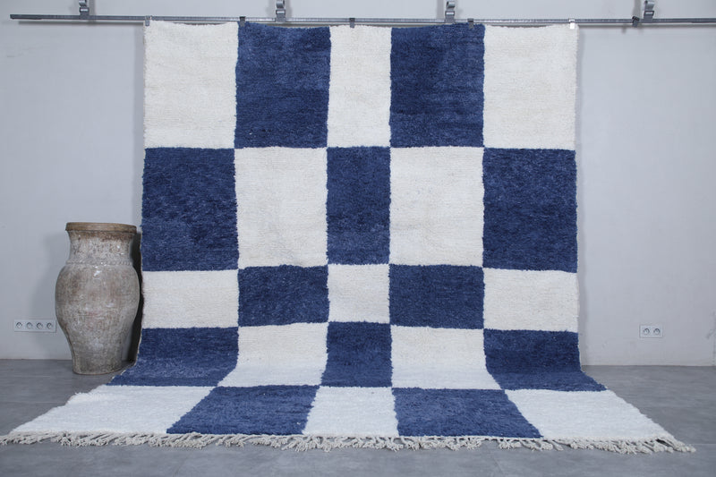 Moroccan Berber Rug - Handwoven 9.4 x 12.1 Feet | Blue and White Checkered Design