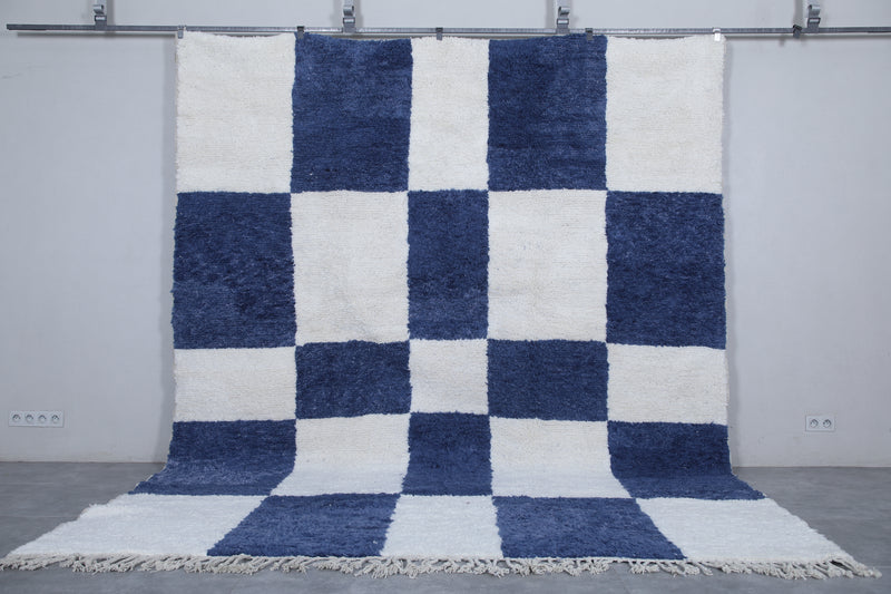 Moroccan Berber Rug - Handwoven 9.4 x 12.1 Feet | Blue and White Checkered Design