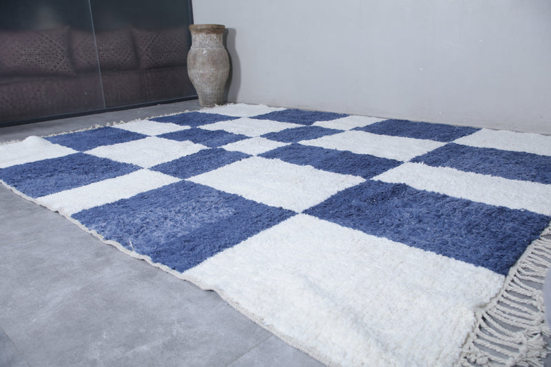 Moroccan Berber Rug - Handwoven 9.4 x 12.1 Feet | Blue and White Checkered Design