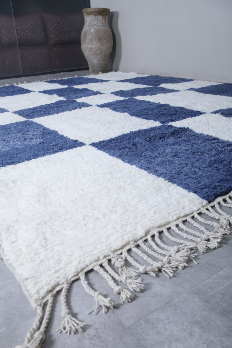 Moroccan Berber Rug - Handwoven 9.4 x 12.1 Feet | Blue and White Checkered Design