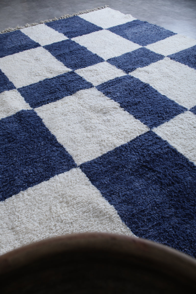 Moroccan Berber Rug - Handwoven 9.4 x 12.1 Feet | Blue and White Checkered Design