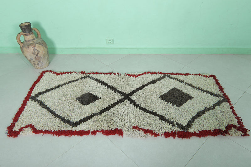 Moroccan Rug - Geometric Design with Red Border 2.2ft x 5.6ft | Handmade