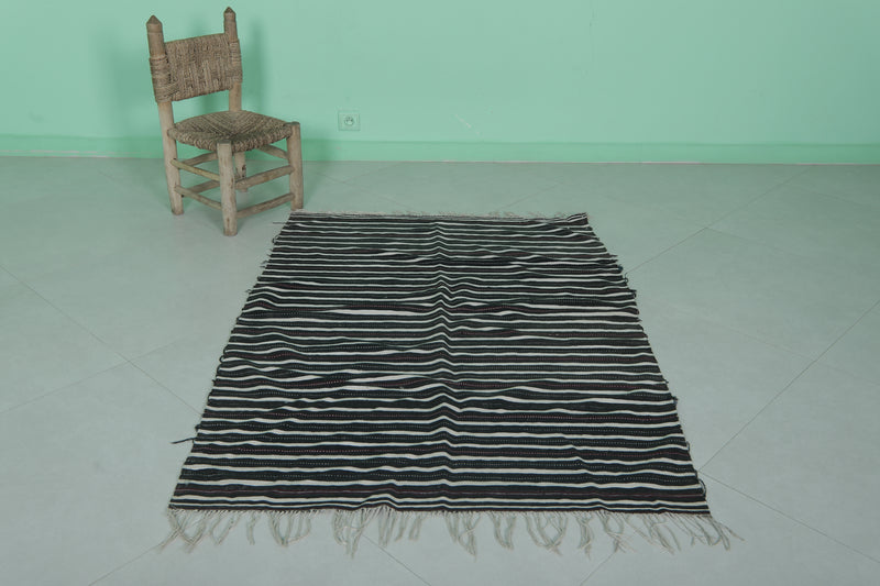 Moroccan Handwoven Kilim Rug - Black and White Striped Design - 3.5x4.8 ft