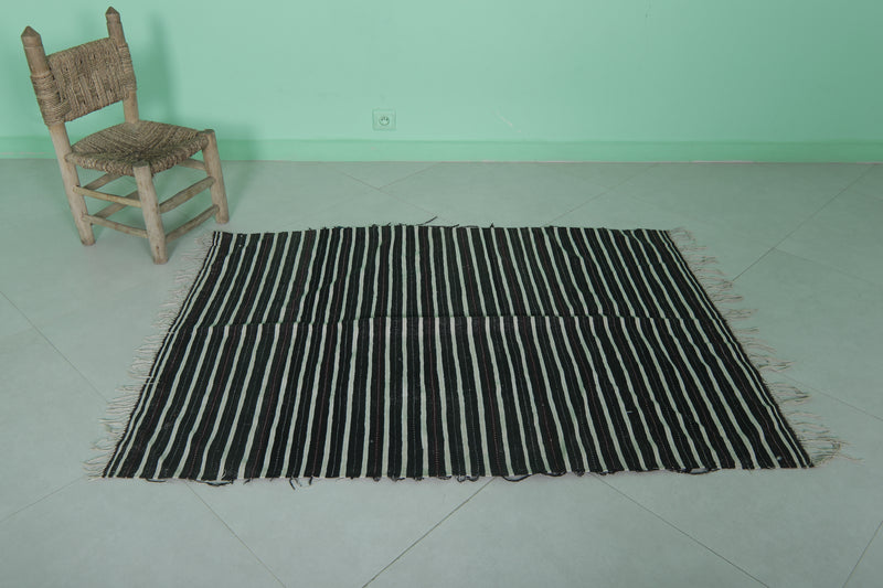 Moroccan Handwoven Kilim Rug - Black and White Striped Design - 3.5x4.8 ft