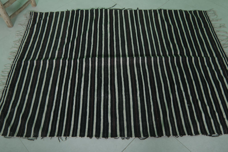 Moroccan Handwoven Kilim Rug - Black and White Striped Design - 3.5x4.8 ft