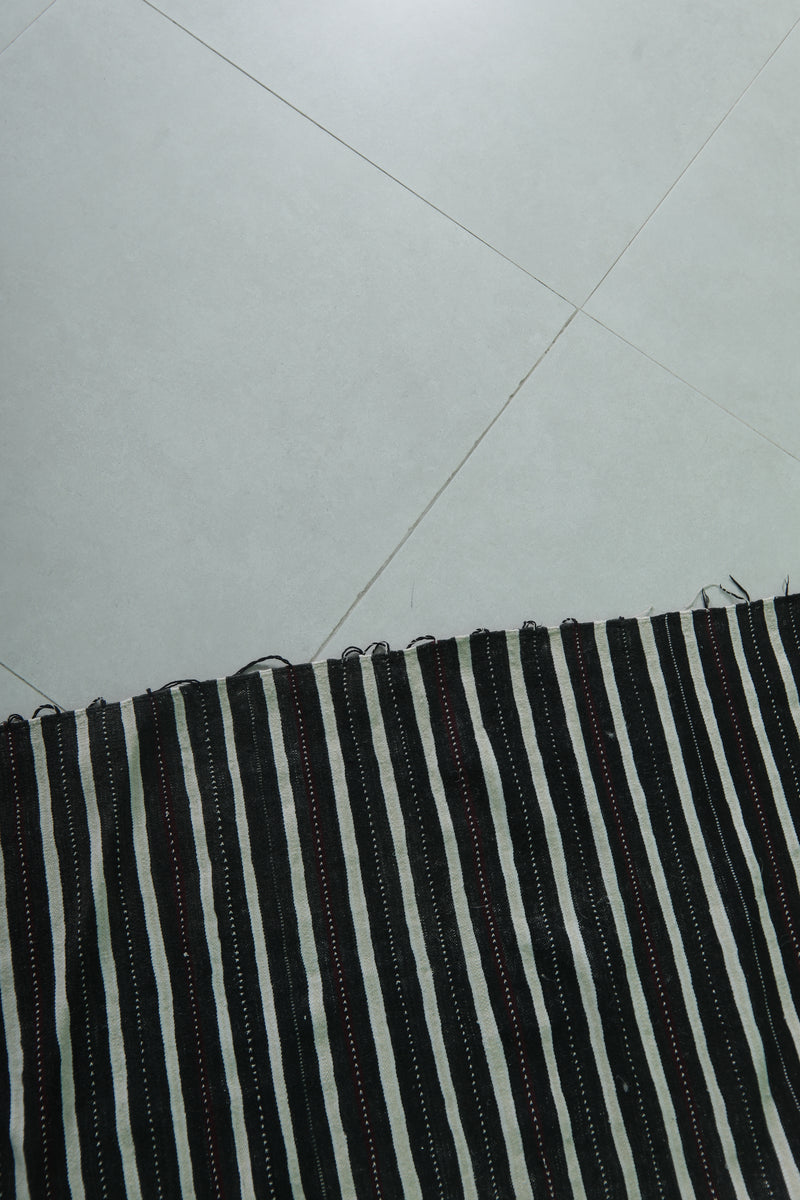 Moroccan Handwoven Kilim Rug - Black and White Striped Design - 3.5x4.8 ft