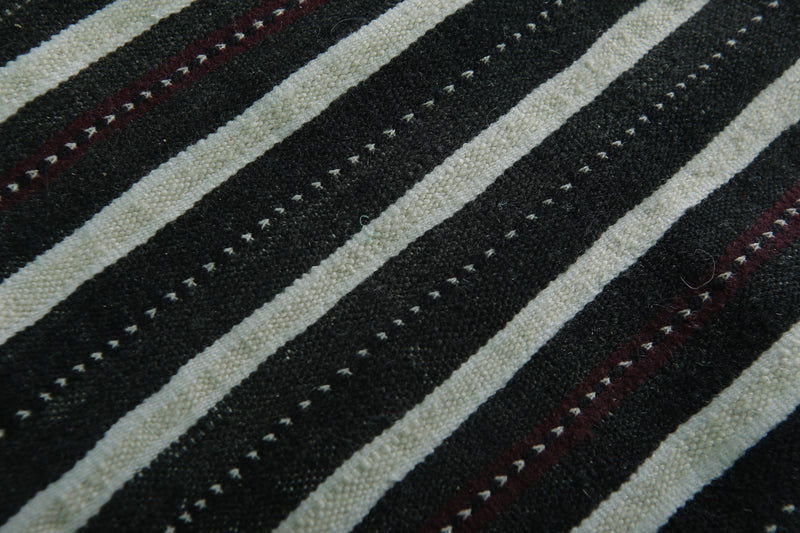 Moroccan Handwoven Kilim Rug - Black and White Striped Design - 3.5x4.8 ft