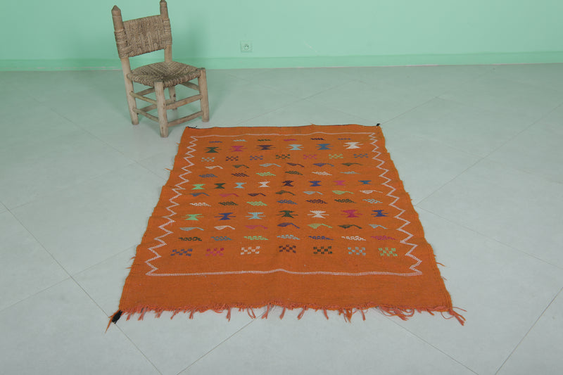 Orange Moroccan Kilim Rug 3.5 x 4.6 FT - Handwoven Art