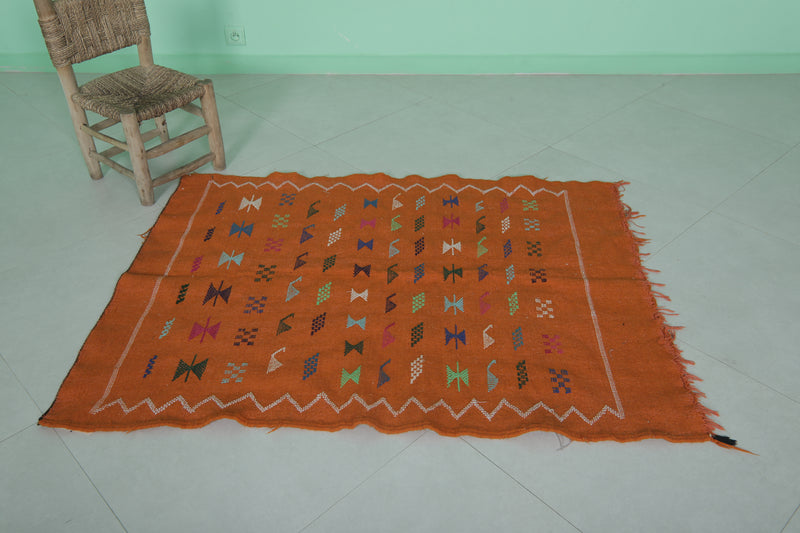 Orange Moroccan Kilim Rug 3.5 x 4.6 FT - Handwoven Art