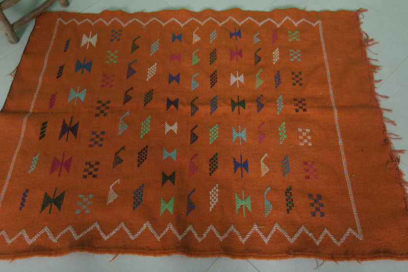 Orange Moroccan Kilim Rug 3.5 x 4.6 FT - Handwoven Art