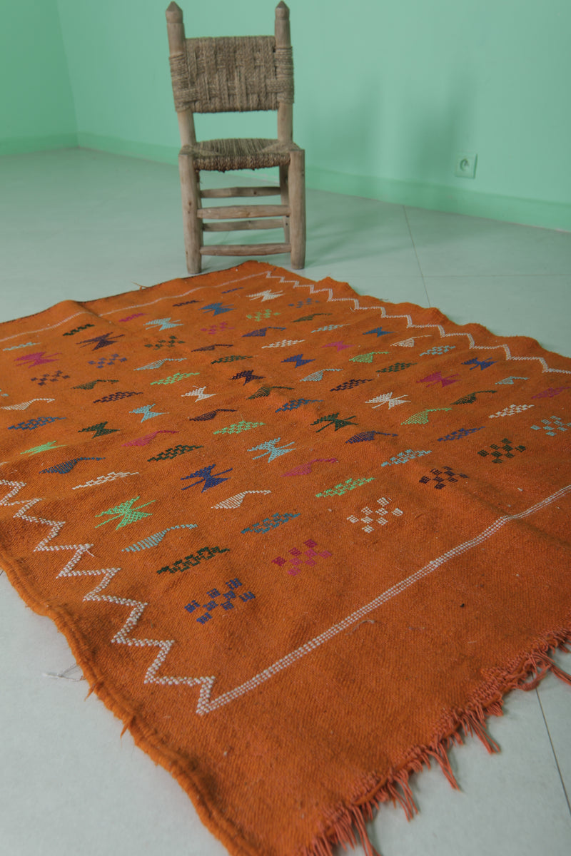 Orange Moroccan Kilim Rug 3.5 x 4.6 FT - Handwoven Art