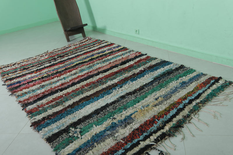 Moroccan Boucherouite Rug 4.9 x 8.1 Feet - Striking Striped Design