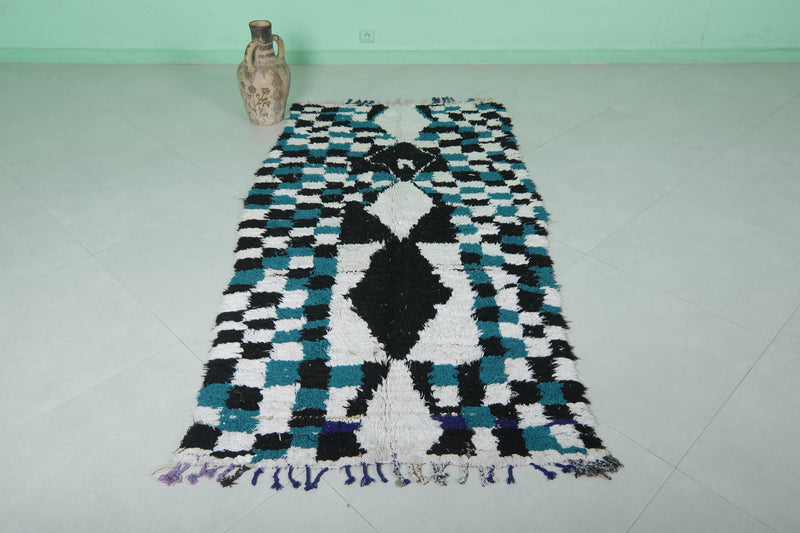 Moroccan Boucherouite Rug 3.6 x 7 Feet - Bold Black & Teal Pattern