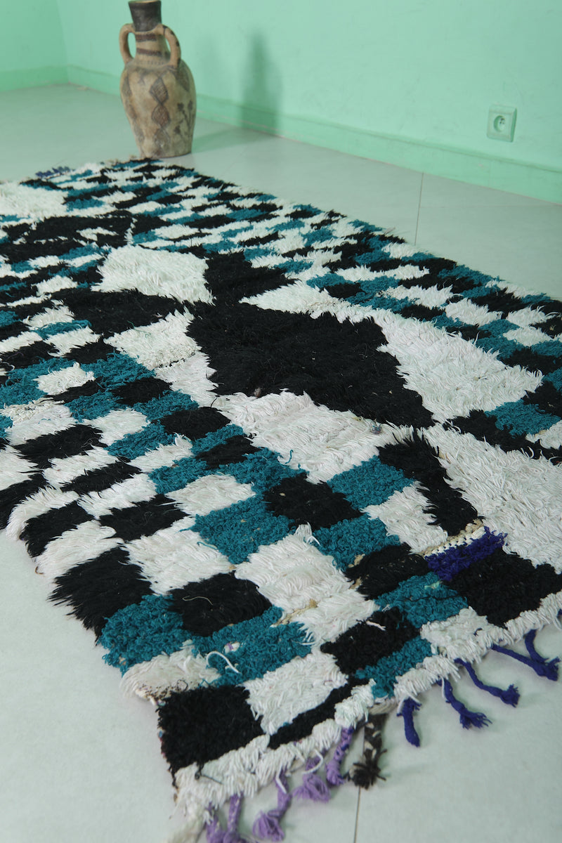 Moroccan Boucherouite Rug 3.6 x 7 Feet - Bold Black & Teal Pattern