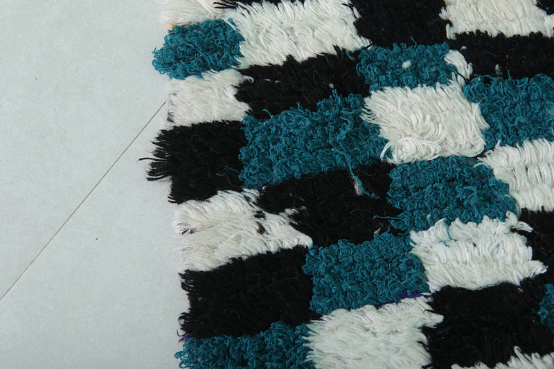 Moroccan Boucherouite Rug 3.6 x 7 Feet - Bold Black & Teal Pattern