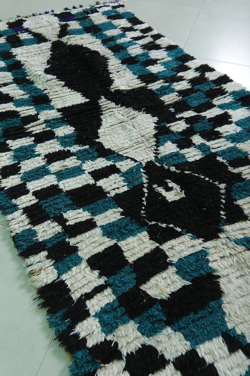 Moroccan Boucherouite Rug 3.6 x 7 Feet - Bold Black & Teal Pattern