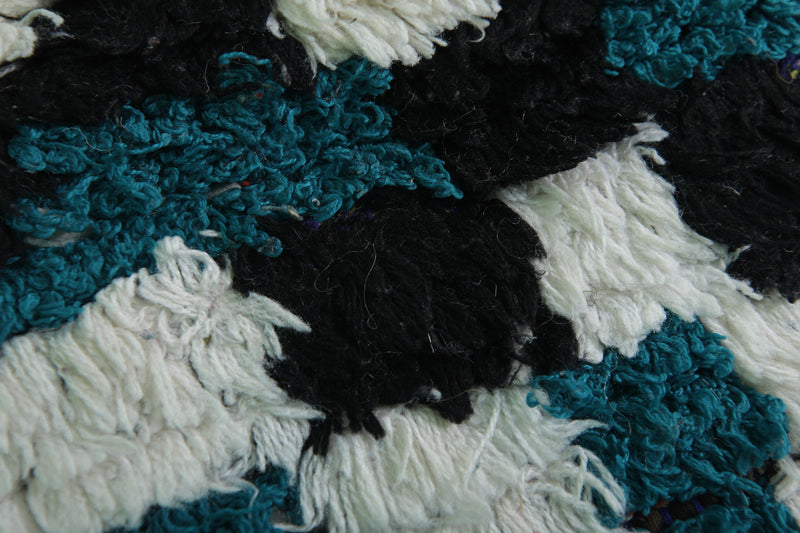 Moroccan Boucherouite Rug 3.6 x 7 Feet - Bold Black & Teal Pattern