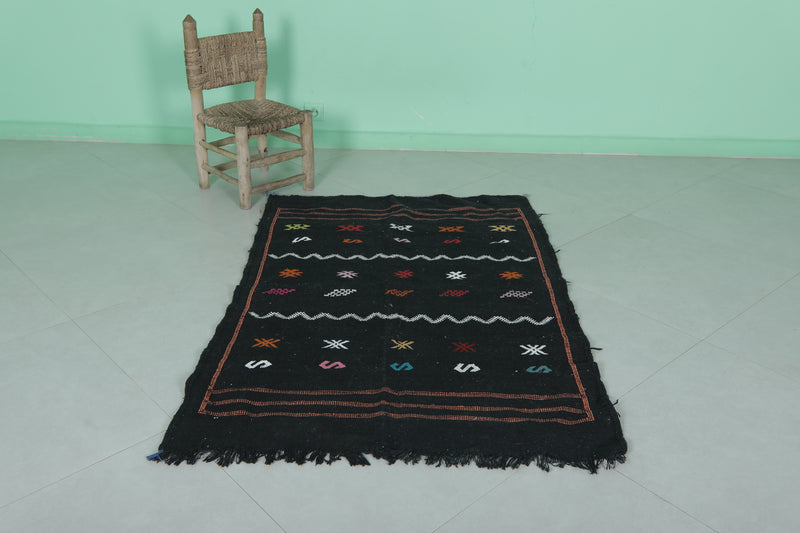 Black Moroccan Kilim Carpet - 3.2 FT X 4.8 FT | Authentic Artisan Design