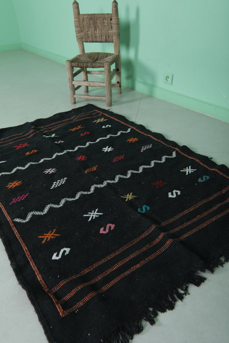 Black Moroccan Kilim Carpet - 3.2 FT X 4.8 FT | Authentic Artisan Design