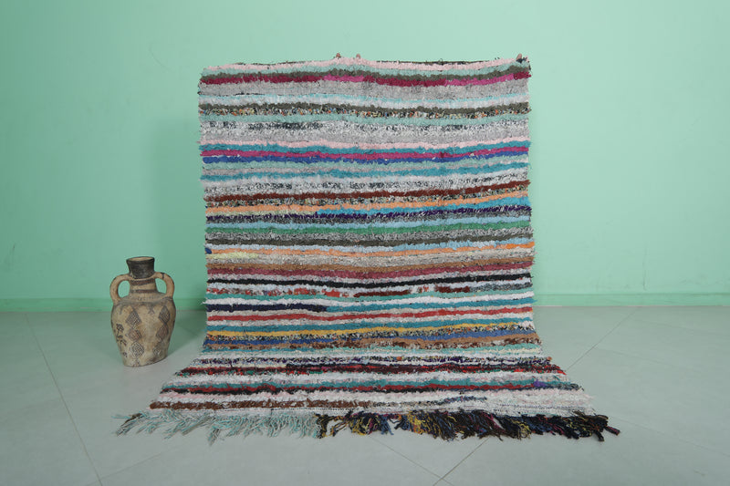 Moroccan Boucherouite Rug - 4.9x6 ft | Handwoven Striped Design