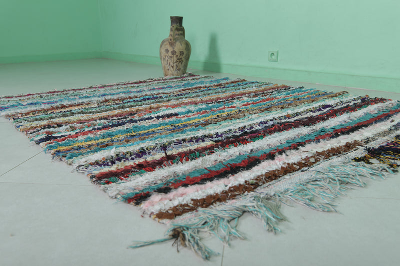 Moroccan Boucherouite Rug - 4.9x6 ft | Handwoven Striped Design