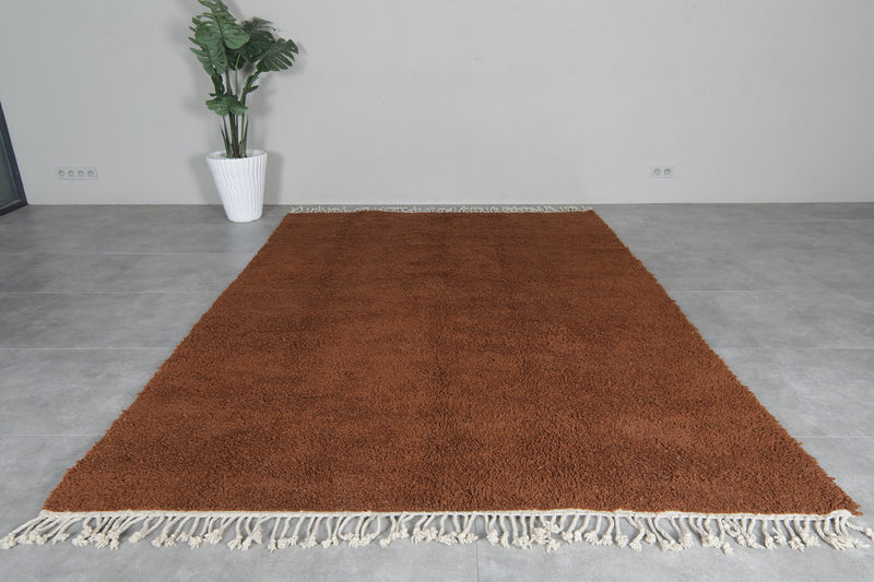 6.9 x 9.8 FT Solid Brown Moroccan Wool Rug - Handmade Minimalist Design - 