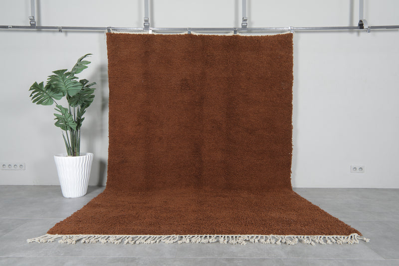 6.9 x 9.8 FT Solid Brown Moroccan Wool Rug - Handmade Minimalist Design - 