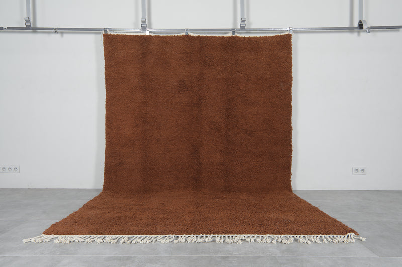 6.9 x 9.8 FT Solid Brown Moroccan Wool Rug - Handmade Minimalist Design - 