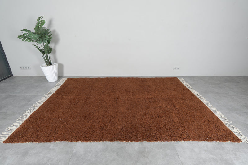 6.9 x 9.8 FT Solid Brown Moroccan Wool Rug - Handmade Minimalist Design - 