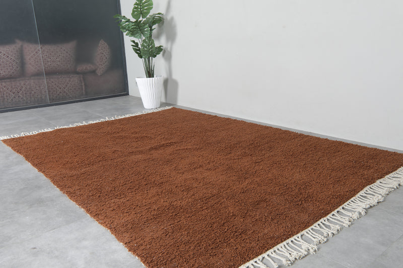 6.9 x 9.8 FT Solid Brown Moroccan Wool Rug - Handmade Minimalist Design - 