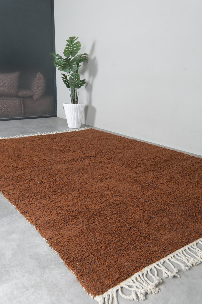 6.9 x 9.8 FT Solid Brown Moroccan Wool Rug - Handmade Minimalist Design - 