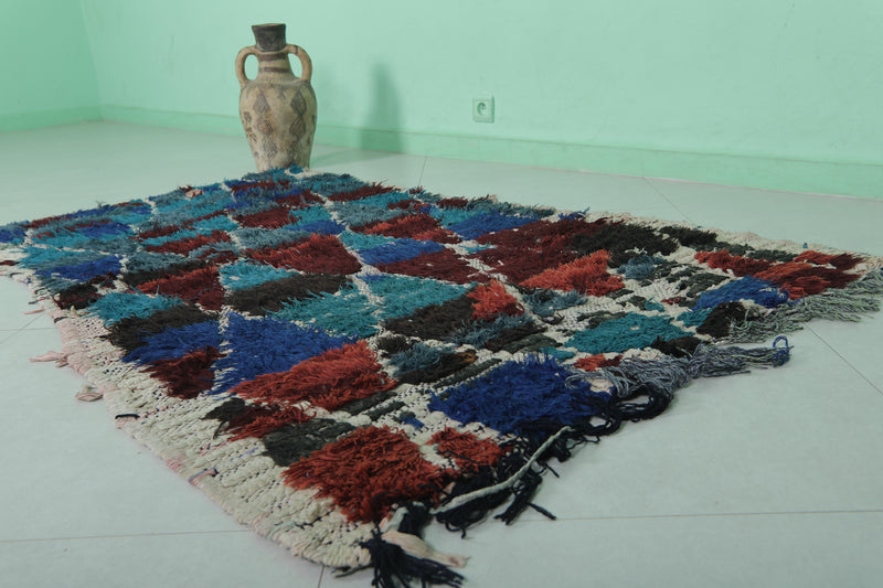 Moroccan Boucherouite Rug - 3.2x5.5 ft | Handwoven Geometric Design