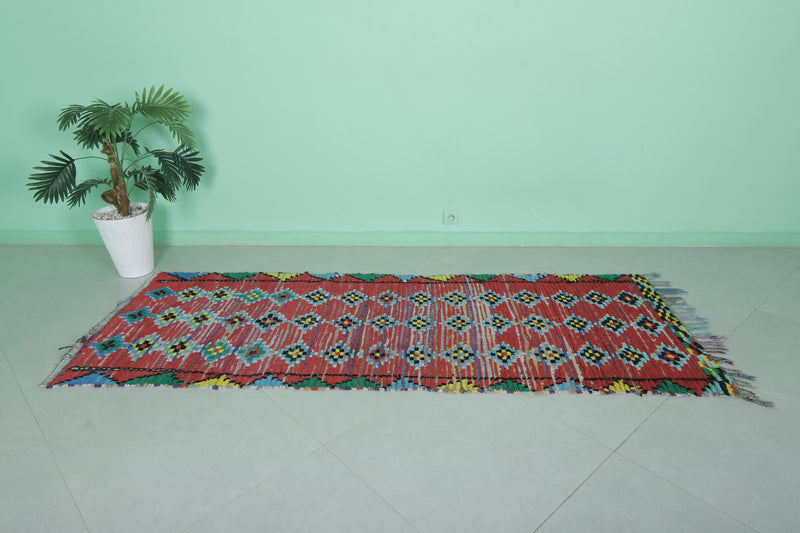 Long handmade Moroccan rug red 2.9 X 7.8 Feet