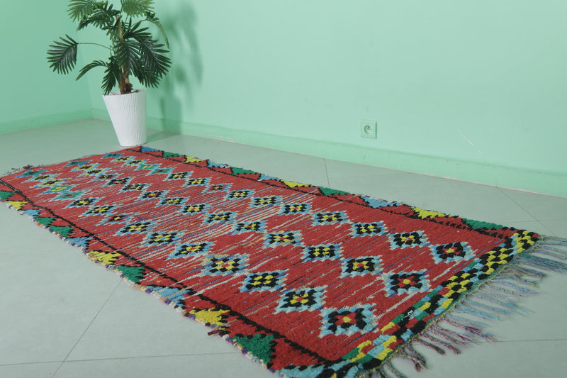 Long handmade Moroccan rug red 2.9 X 7.8 Feet